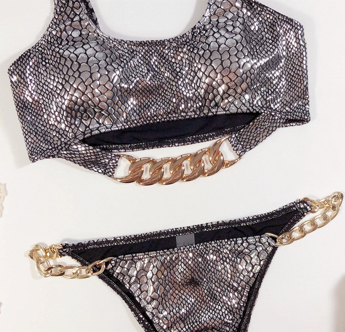 Silver Metallic Two Piece Chains Swimwear Areous