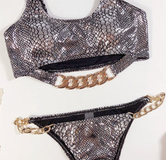 Silver Metallic Two Piece Chains Swimwear Areous