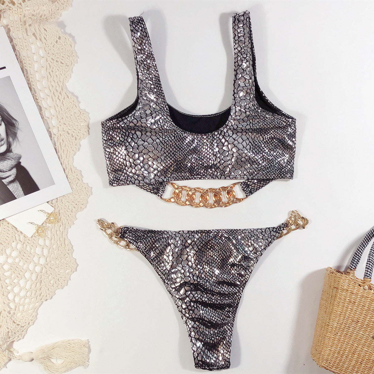 Silver Metallic Two Piece Chains Swimwear Areous