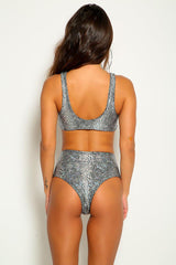 Silver Snake Print Metallic Two Piece Swimsuit Areous