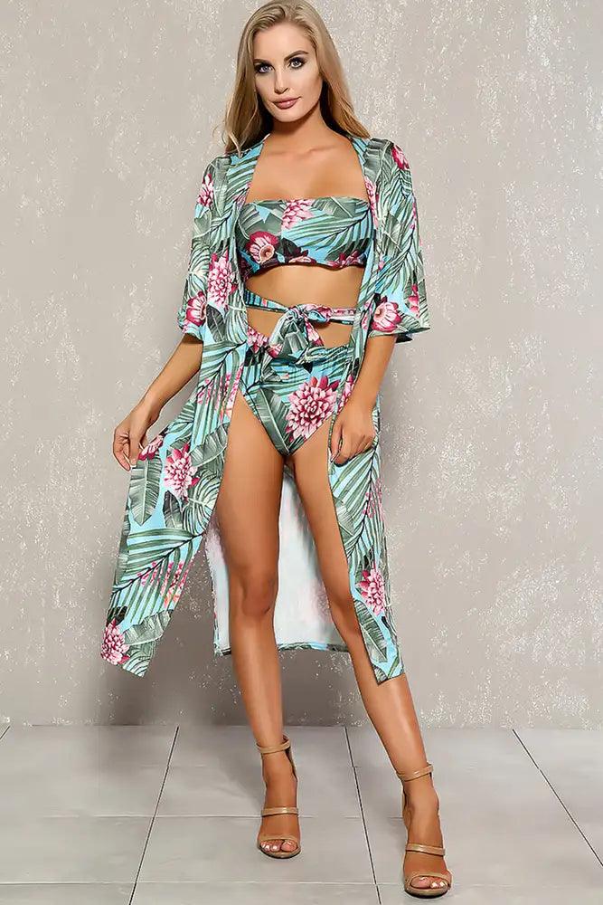 Sky Blue Green Tropical Print Two Piece Swimsuit Set Areous