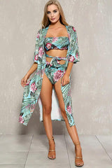 Sky Blue Green Tropical Print Two Piece Swimsuit Set Areous