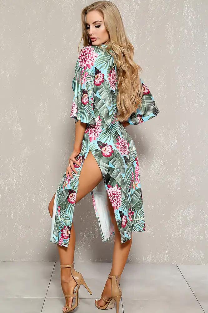 Sky Blue Green Tropical Print Two Piece Swimsuit Set Areous