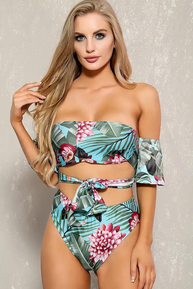 Sky Blue Green Tropical Print Two Piece Swimsuit Set Areous