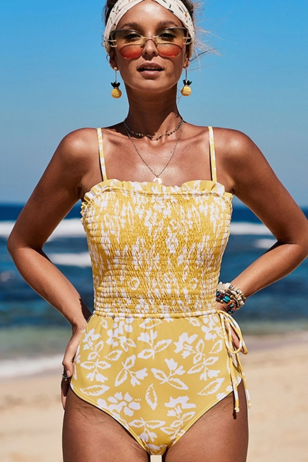 Smocked Drawstring One-piece Swimsuit Areous