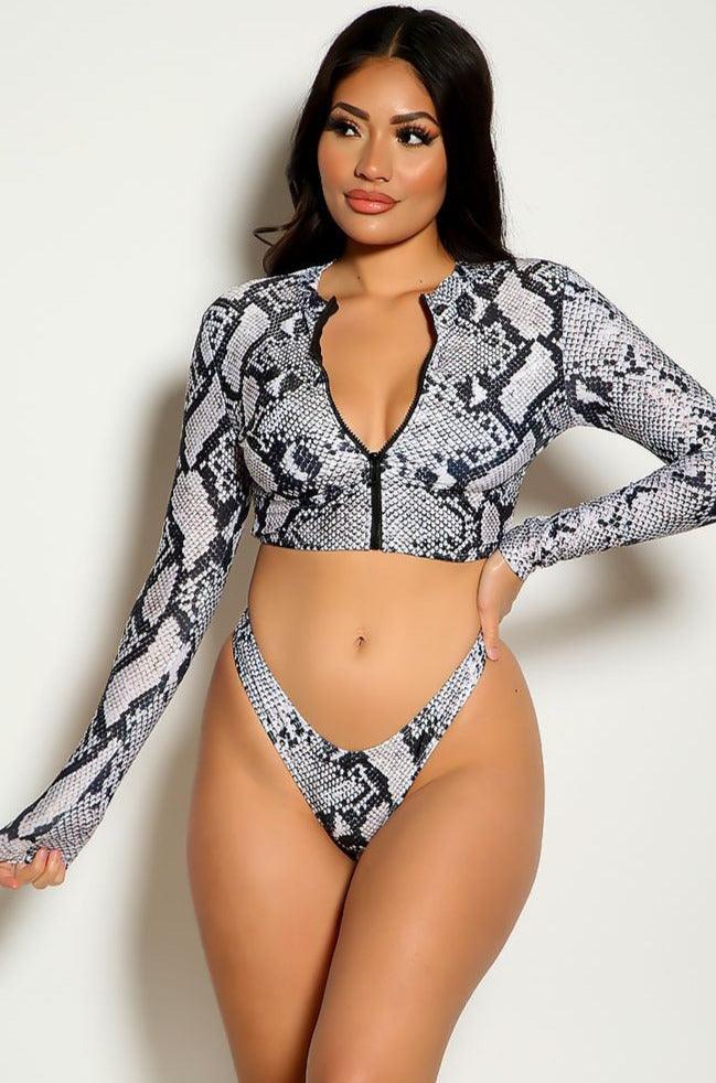 Snake Print Long Sleeve Two Piece Swimsuit Areous