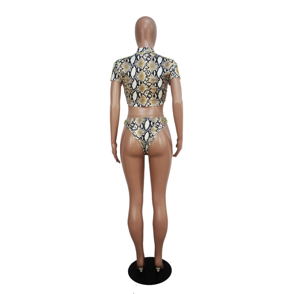Snake Skin Short Sleeve Zipper Bikini Areous