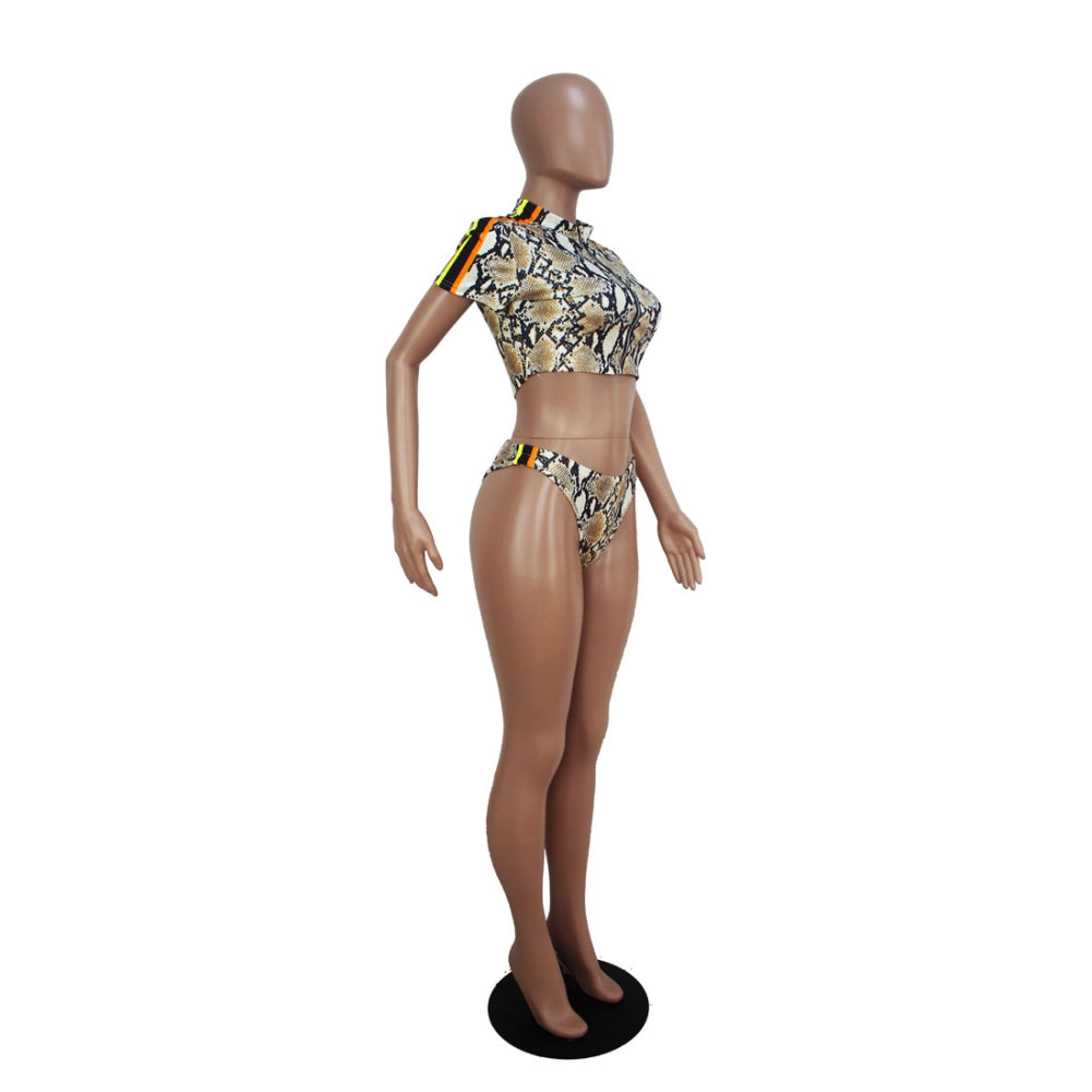 Snake Skin Short Sleeve Zipper Bikini Areous