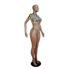 Snake Skin Short Sleeve Zipper Bikini Areous