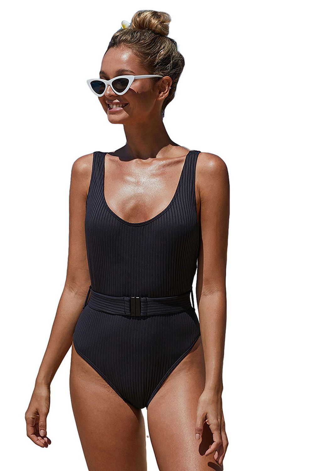 Solid Color Belt One-Piece Swimsuit Areous