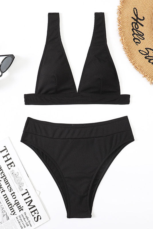 Solid Color Deep V High Waist Bikini Set Areous