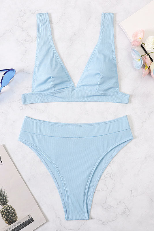 Solid Color Deep V High Waist Bikini Set Areous