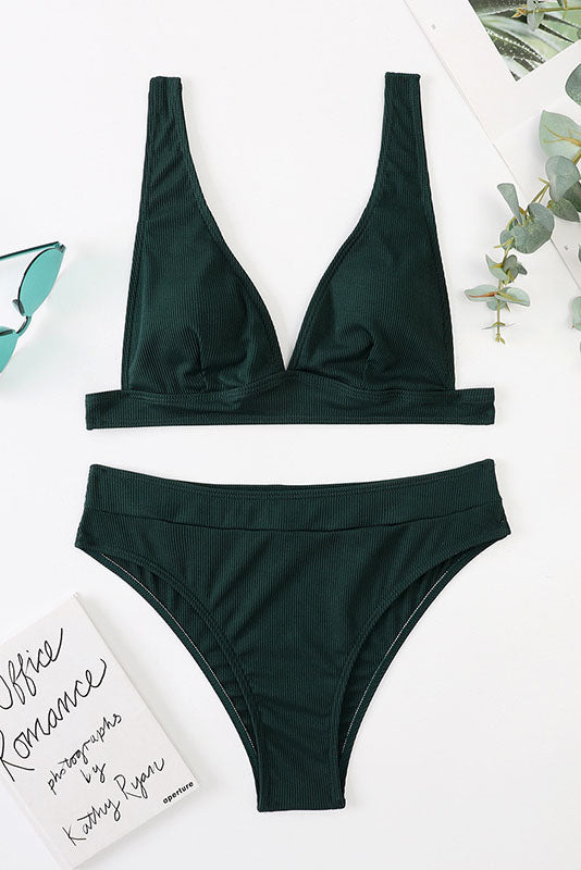 Solid Color Deep V High Waist Bikini Set Areous
