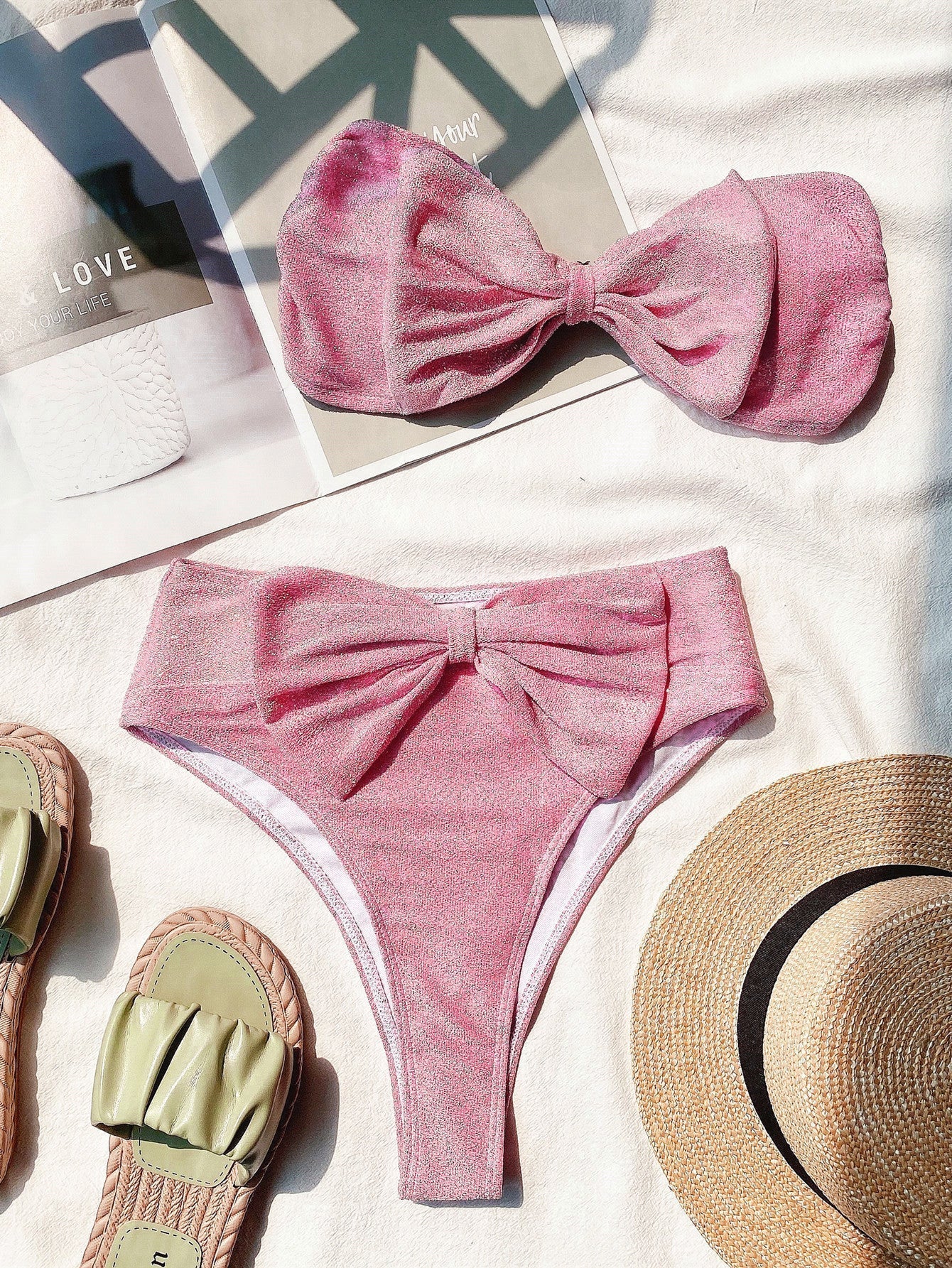 Solid Color Glitter Bow Bandeau Bikini Set Areous
