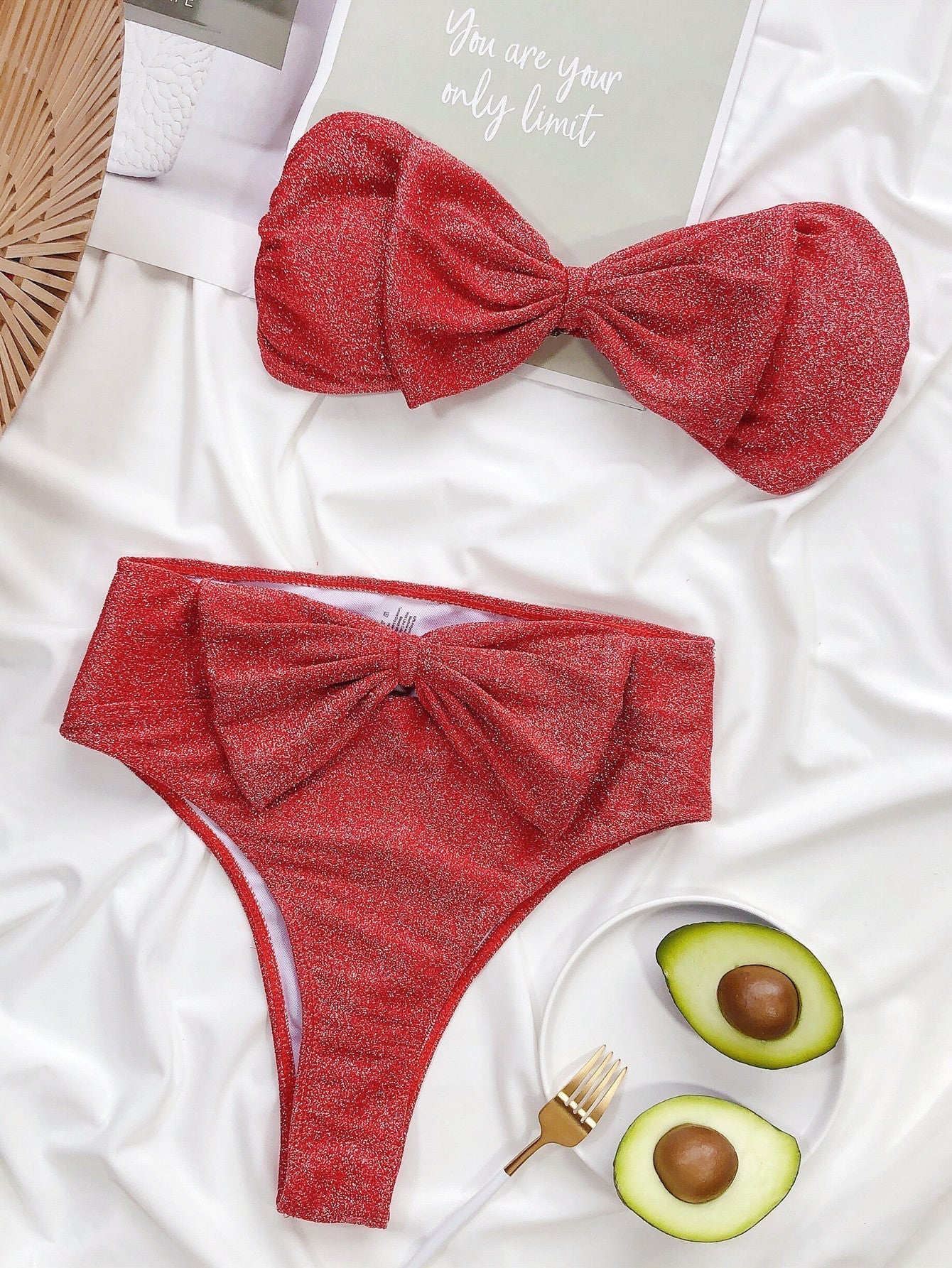 Solid Color Glitter Bow Bandeau Bikini Set Areous