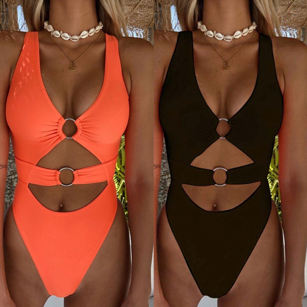 Solid Color One-Piece O-Ring Swimwear Areous