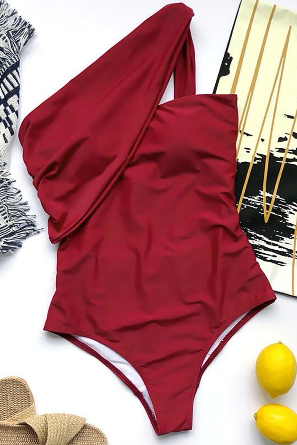 Solid Color One-Shoulder One-Piece Swimsuit Areous