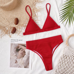 Solid Color Two Piece High Waist Strap Swimwear Areous