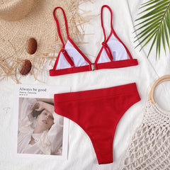 Solid Color Two Piece High Waist Strap Swimwear Areous