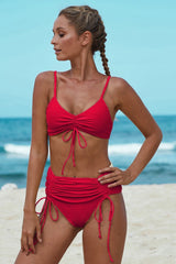 Solid High Waist Pleats Lace-up Bikini Set Areous