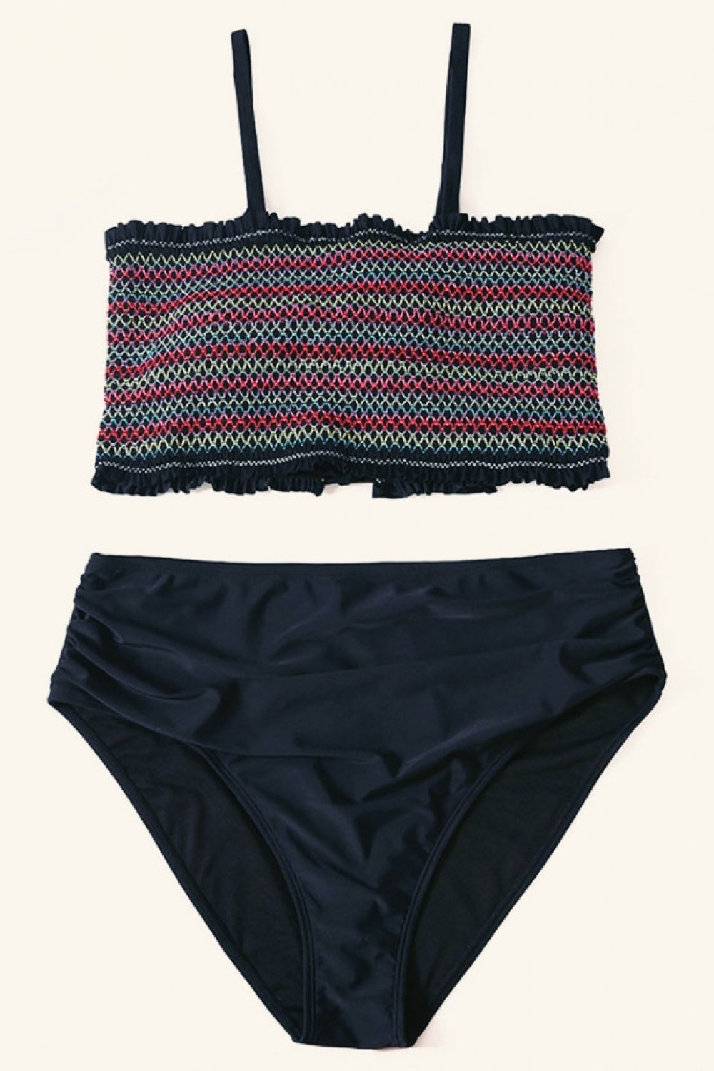 Split Color Smocked Bandeau Bikini Set Areous