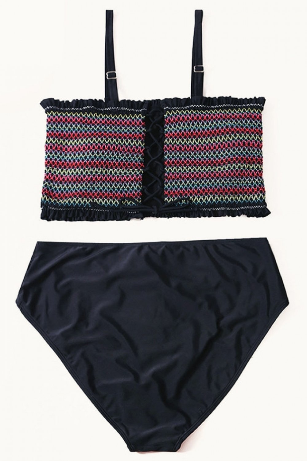 Split Color Smocked Bandeau Bikini Set Areous