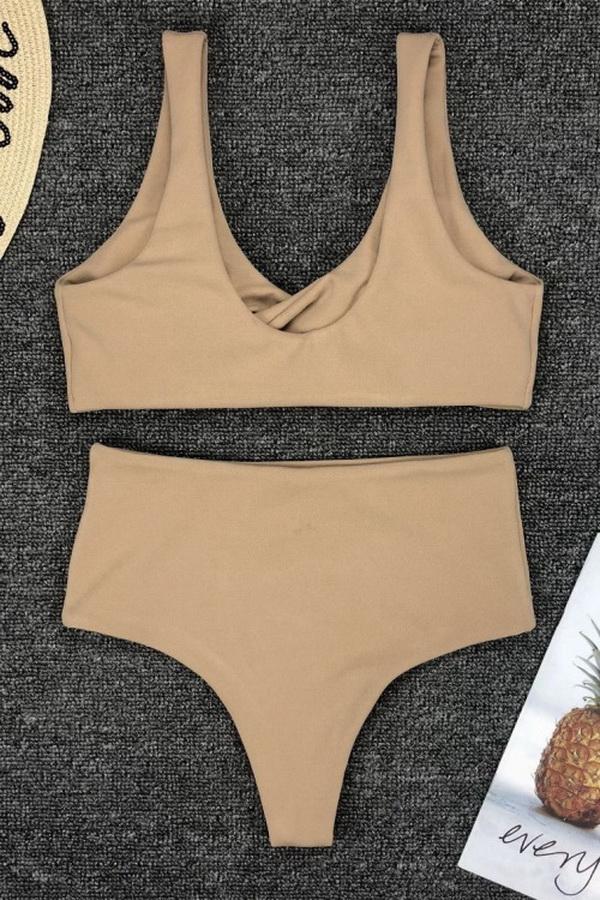 Split Flannel Irregular Knotted High Waist Bikini Areous