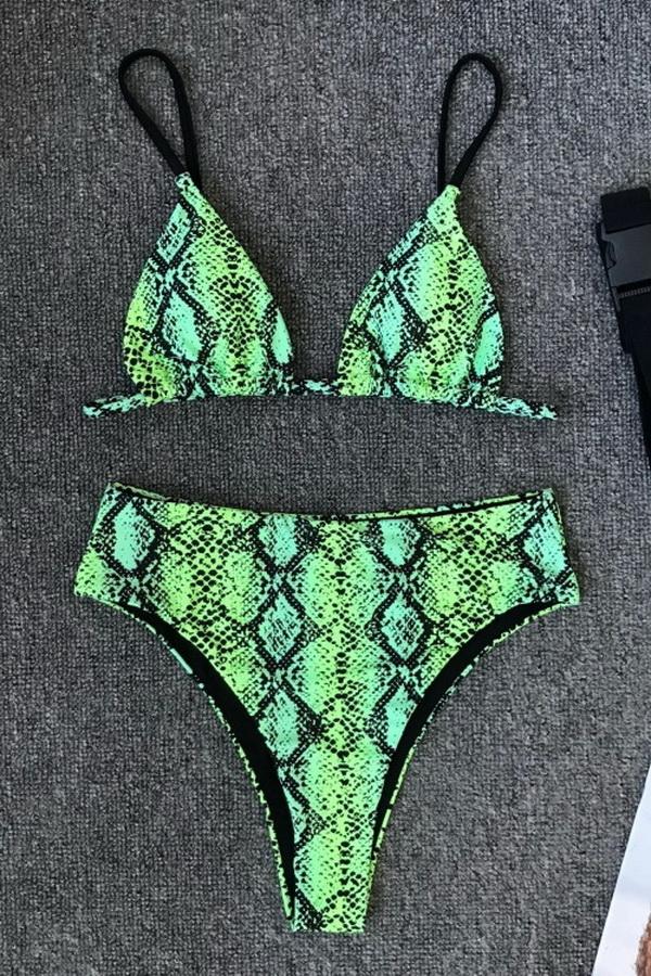 Split Snake Pattern High Waist Bikini Set Areous