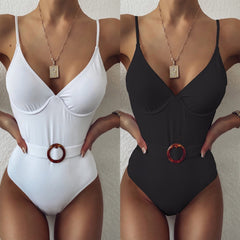 Straps One Piece Sheer Swimwear with Belt Areous