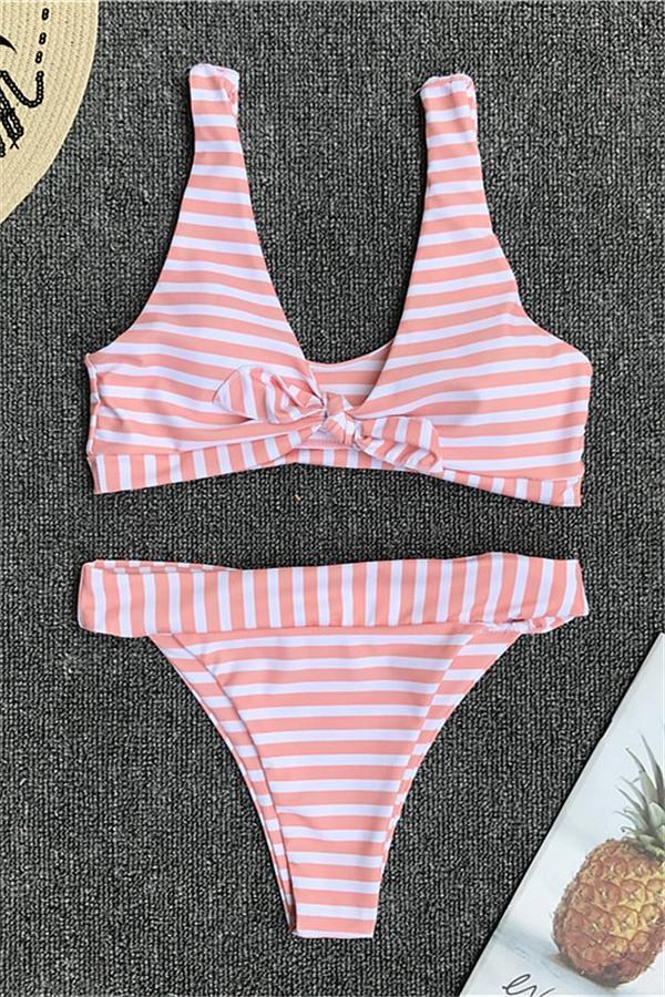 Striped Front Knot Gather Bikini Set Areous