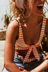 Striped Front Knot Gather Bikini Set Areous