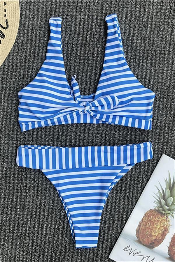 Striped Front Knot Gather Bikini Set Areous