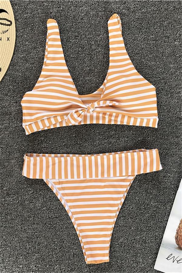Striped Front Knot Gather Bikini Set Areous
