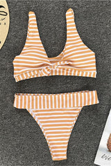 Striped Front Knot Gather Bikini Set Areous