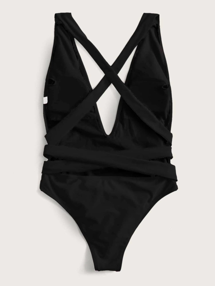 Summer Black Deep-V One Piece Swimwear Areous