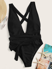 Summer Black Deep-V One Piece Swimwear Areous