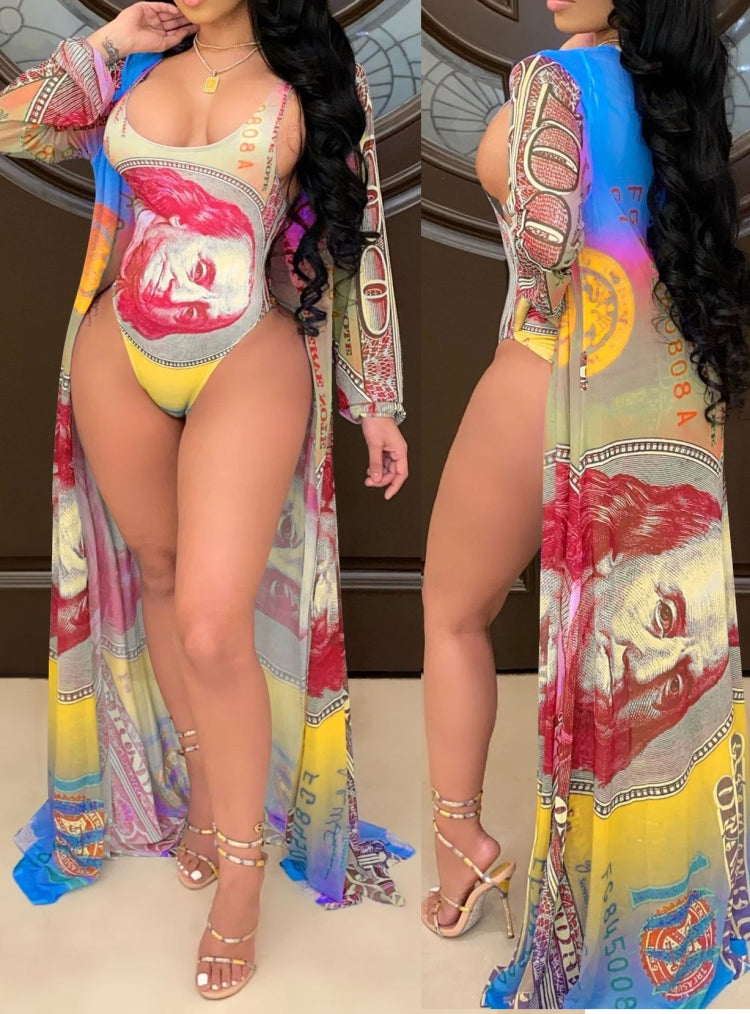 Summer Print One Piece Dollar Swimwear with Cover-Up Areous