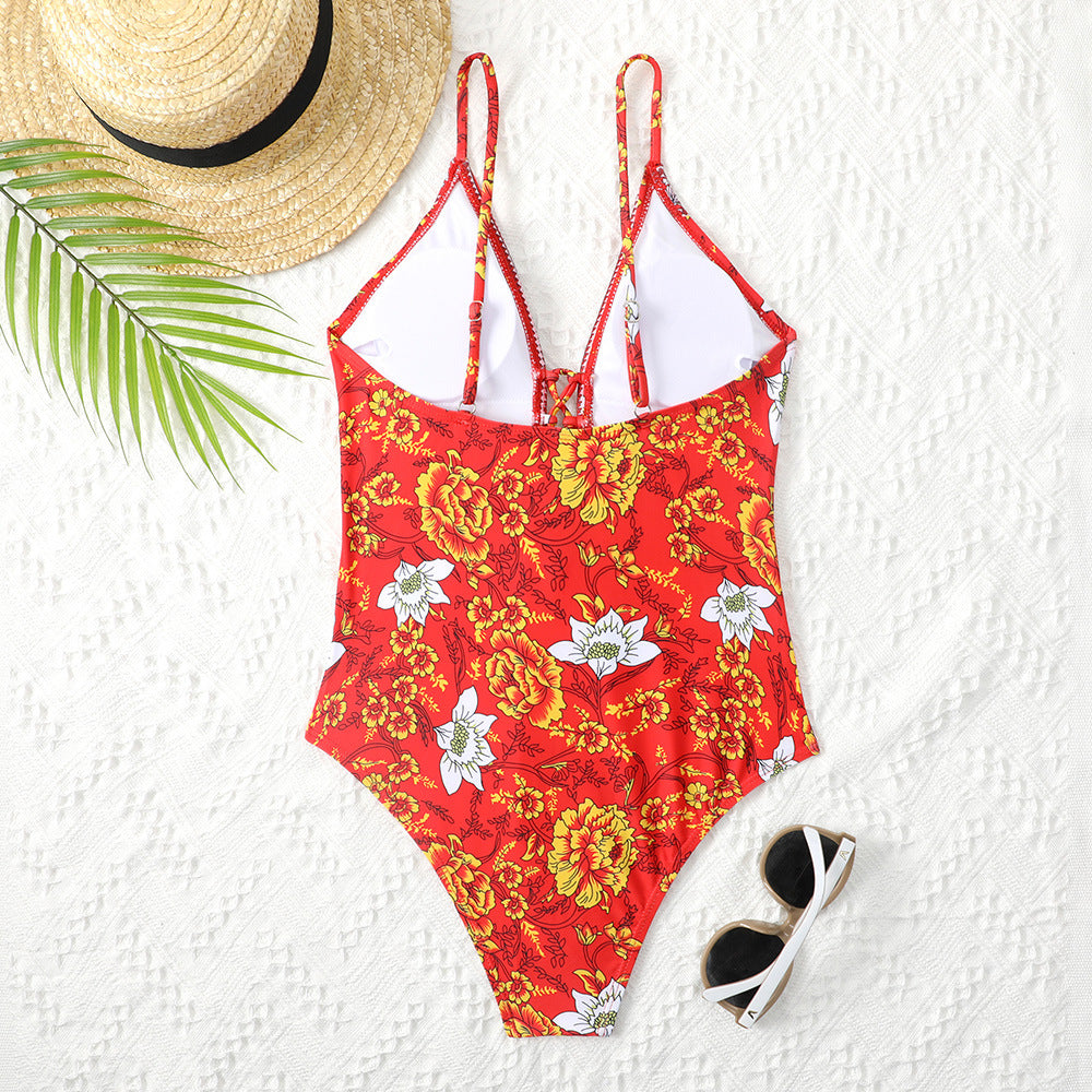 Tassel lace-up Patchwork One Piece Swimsuit Areous