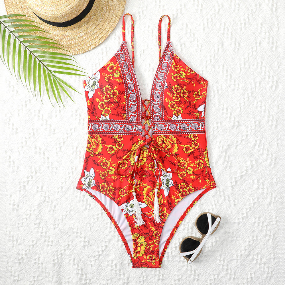 Tassel lace-up Patchwork One Piece Swimsuit Areous