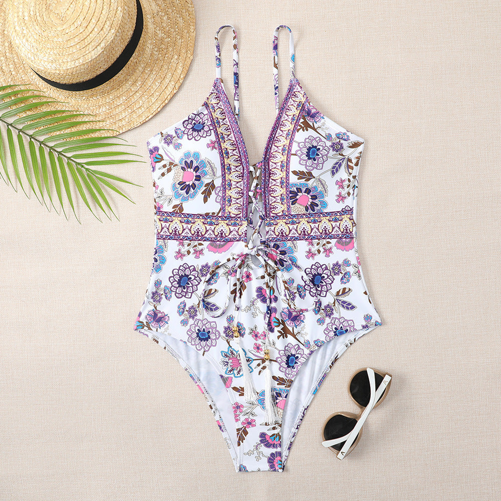 Tassel lace-up Patchwork One Piece Swimsuit Areous