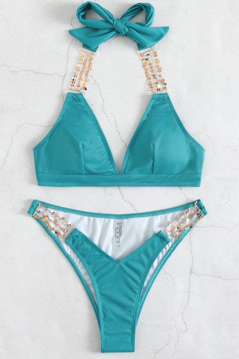 Teal Coin Accent Halter Two Piece Swimsuit Areous