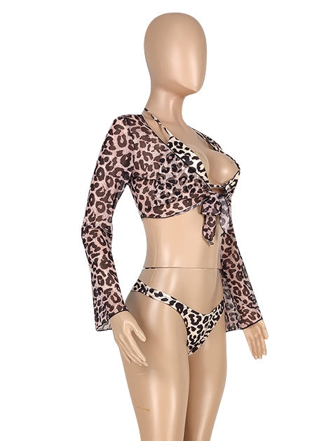 Three Piece Leopard Print Long Sleeve Swimwear Areous