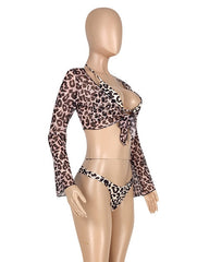 Three Piece Leopard Print Long Sleeve Swimwear Areous