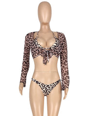 Three Piece Leopard Print Long Sleeve Swimwear Areous