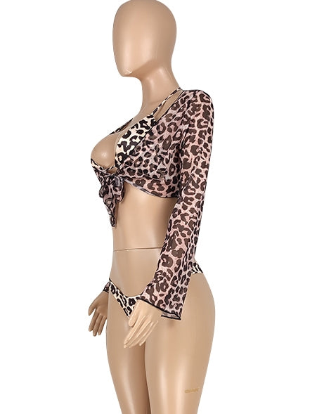 Three Piece Leopard Print Long Sleeve Swimwear Areous