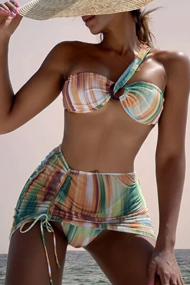 Tie Dye Printed One Shoulder 3 Pc Swimsuit With Skirt Cover Up Areous