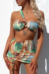 Tie Dye Printed One Shoulder 3 Pc Swimsuit With Skirt Cover Up Areous