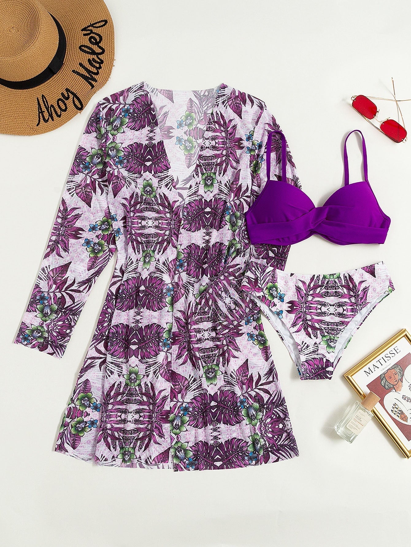 Tropical Pattern Bikini Cover Up Set Areous