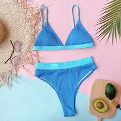 Two Piece Blue Contrast Color High Waist Swimwear Areous