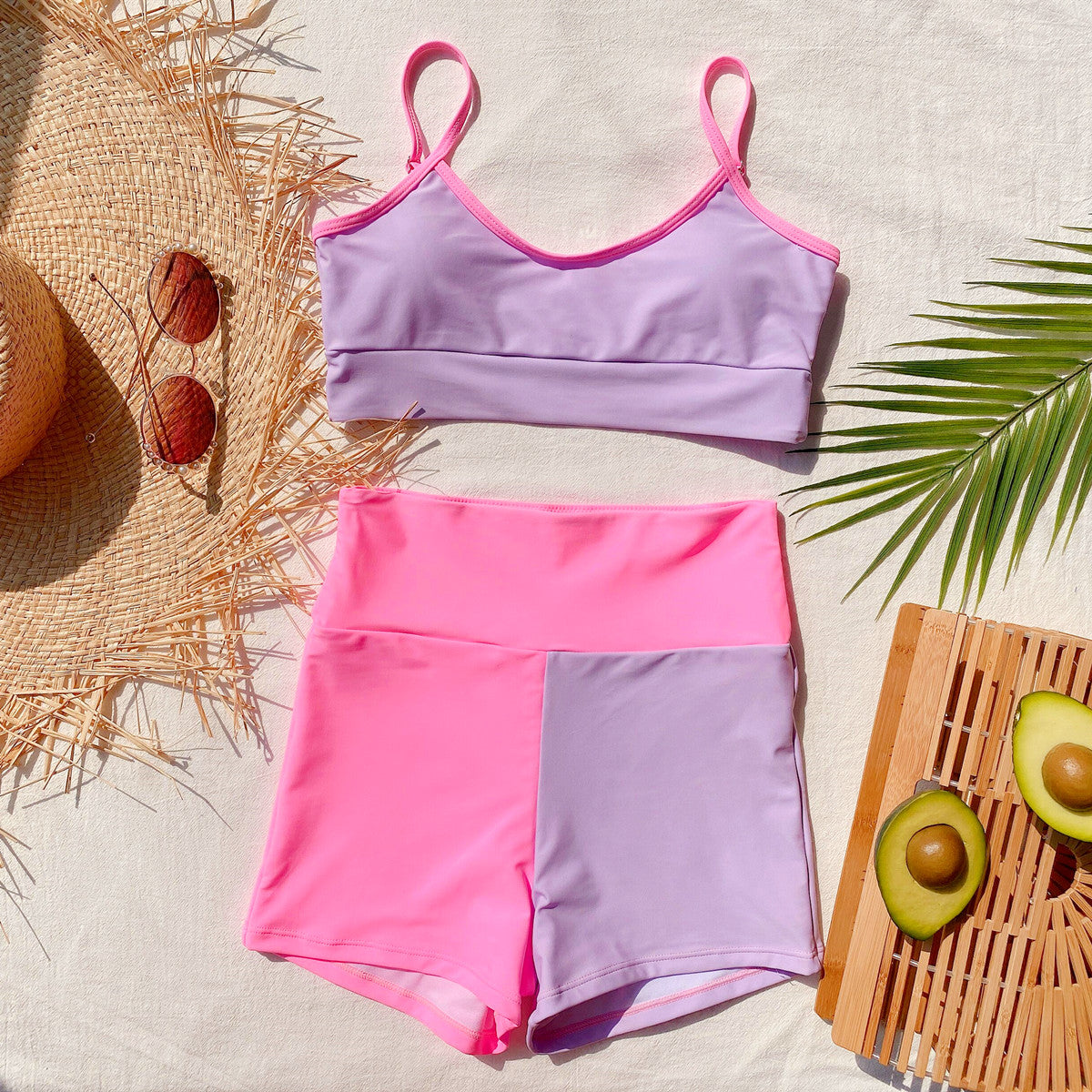 Two Piece Contrast Brief High Waist Strap Swimwear Areous